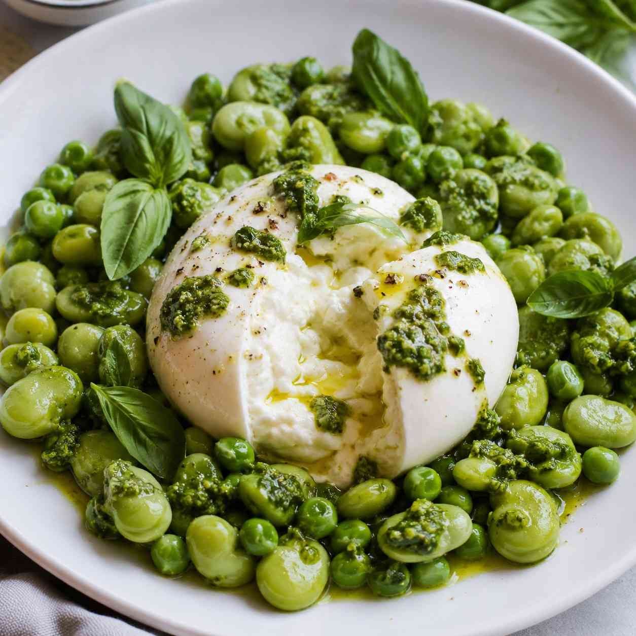 Creamy Burrata with Green Peas and Broad Beans