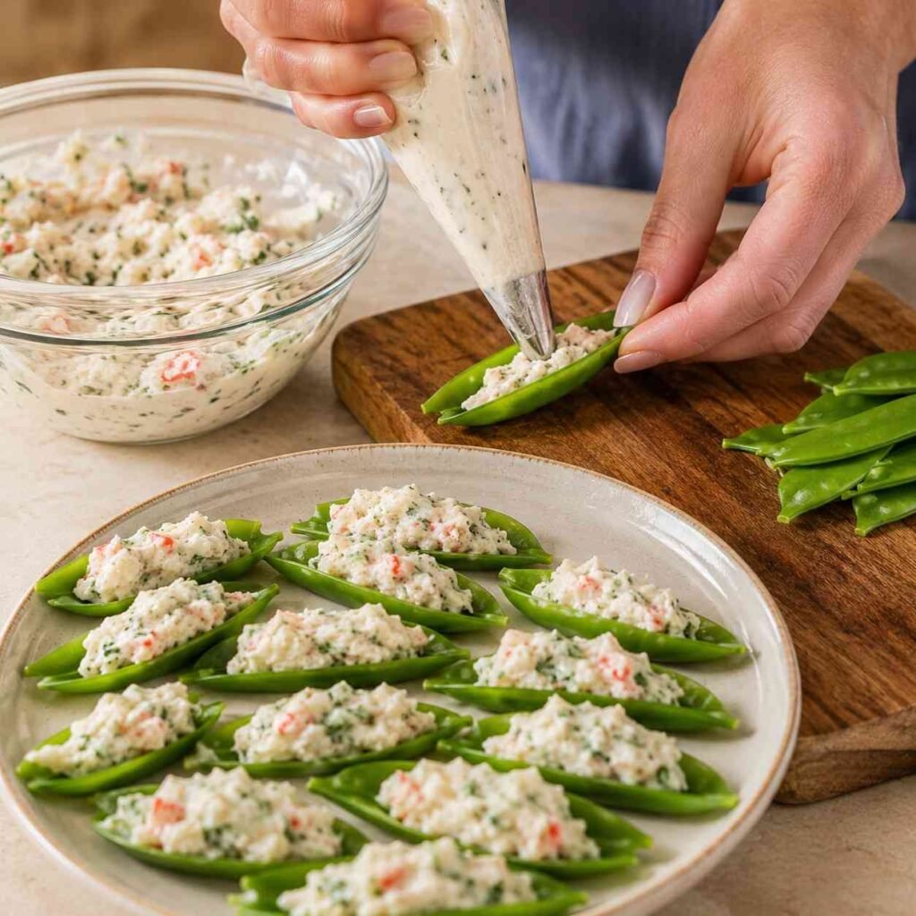 Creamy Crab Stuffed Snow Peas prep