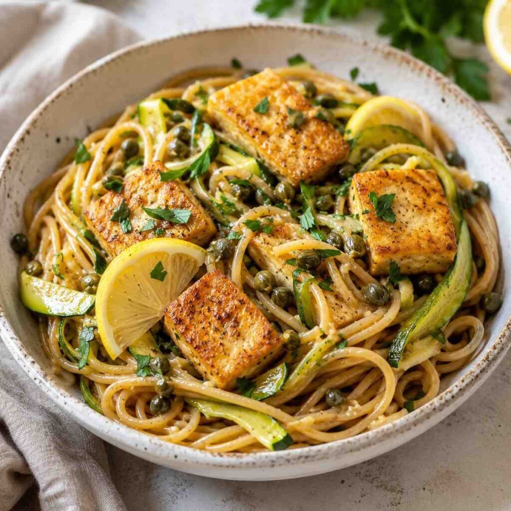 Lemon Tofu Zucchini Piccata Pasta.