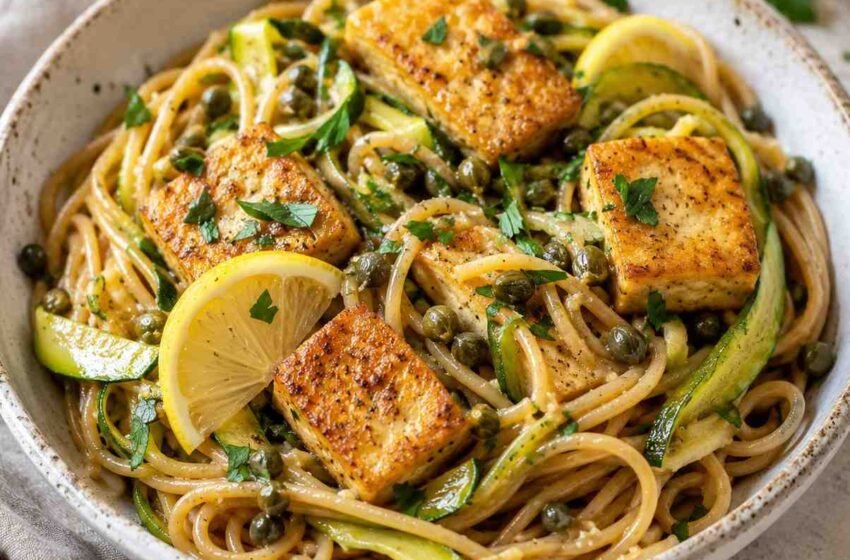 Lemon Tofu Zucchini Piccata Pasta.