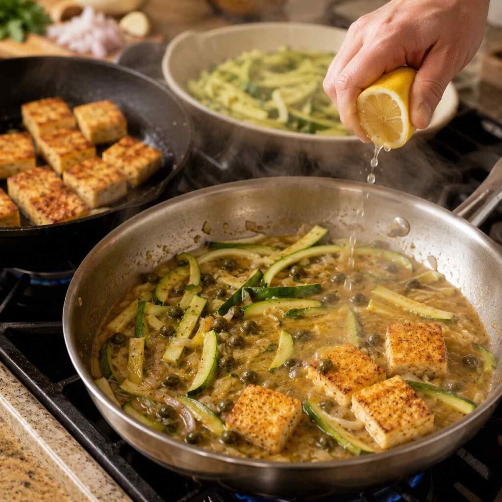 Lemon Tofu Zucchini Piccata Pasta prep