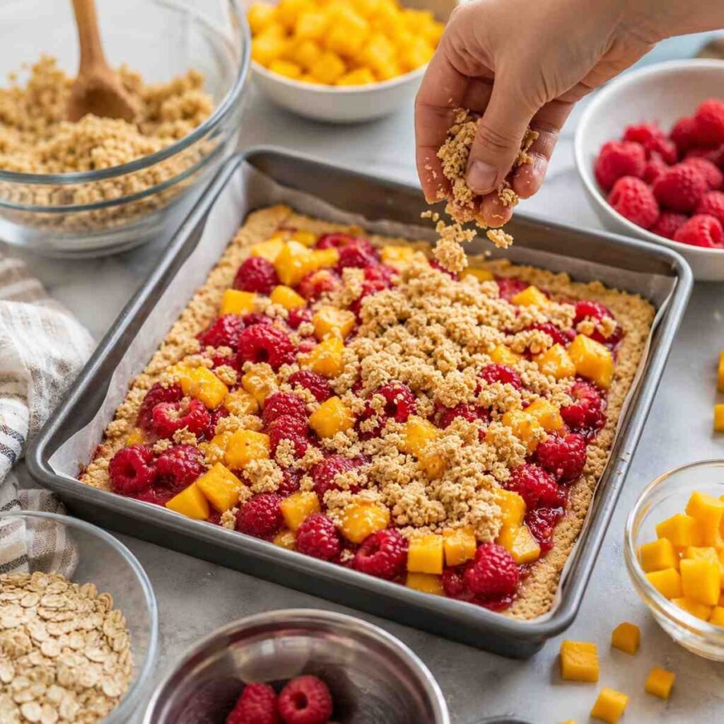 Raspberry Mango Crumble Bars prep